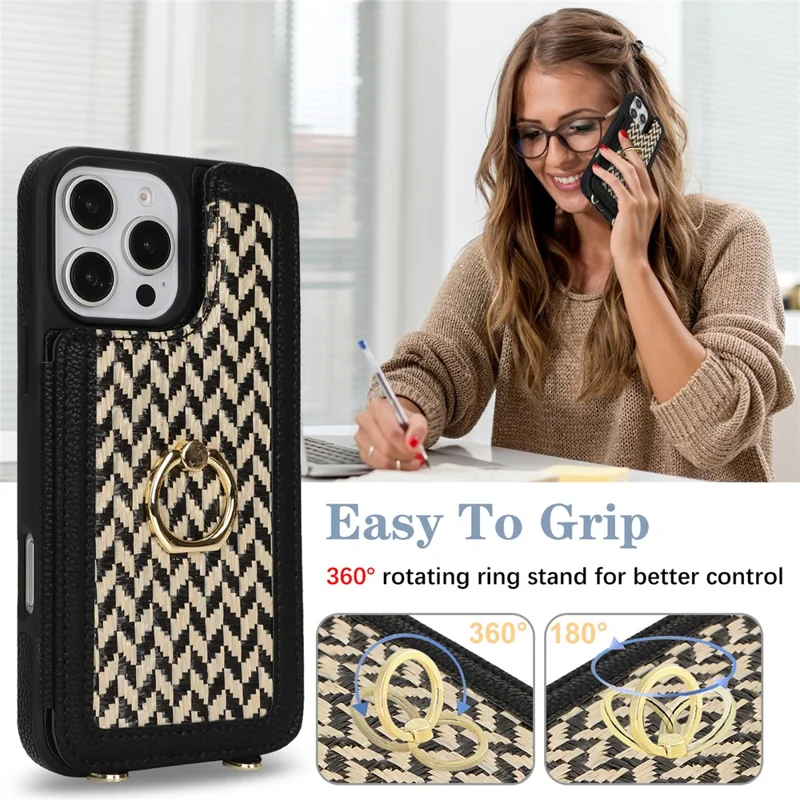 For iPhone 16 Pro Case with Card Holder, Kickstand, RFID Blocking PU+TPU Phone Back Cover - Black