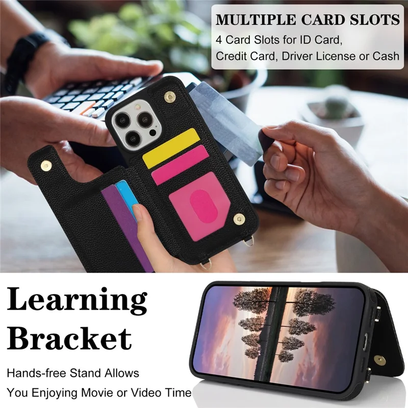 For iPhone 16 Pro Case with Card Holder, Kickstand, RFID Blocking PU+TPU Phone Back Cover - Black