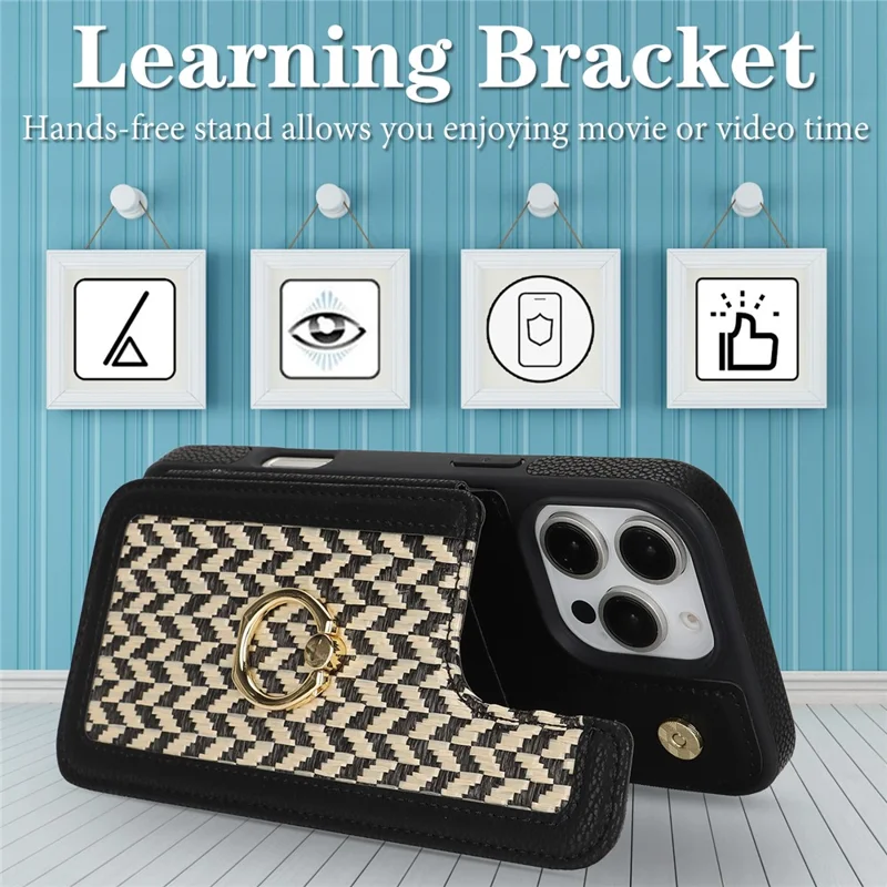 For iPhone 16 Pro Case with Card Holder, Kickstand, RFID Blocking PU+TPU Phone Back Cover - Black