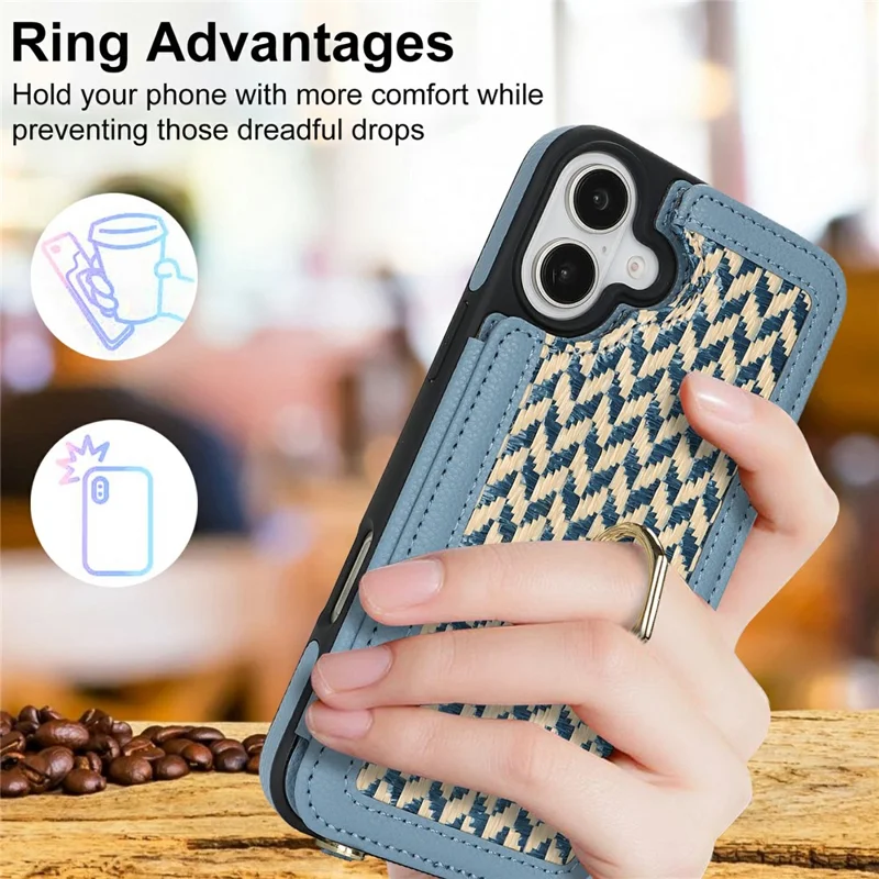 For iPhone 16 Plus Case with Card Holder, Kickstand, RFID Blocking PU+TPU Phone Back Cover - Blue