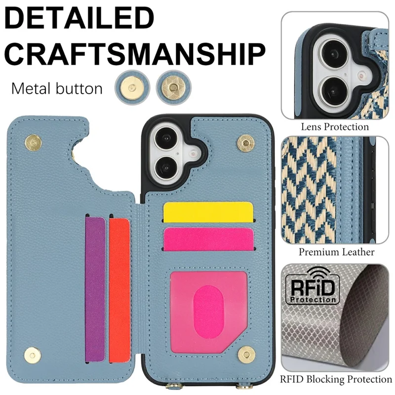 For iPhone 16 Plus Case with Card Holder, Kickstand, RFID Blocking PU+TPU Phone Back Cover - Blue
