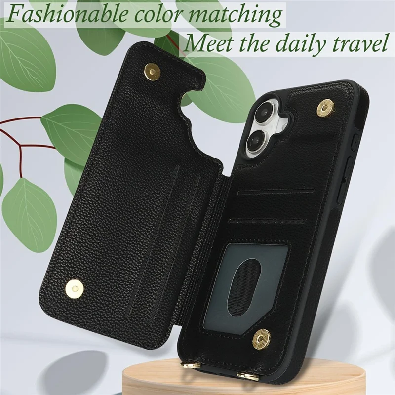 For iPhone 16 Plus Case with Card Holder, Kickstand, RFID Blocking PU+TPU Phone Back Cover - Black