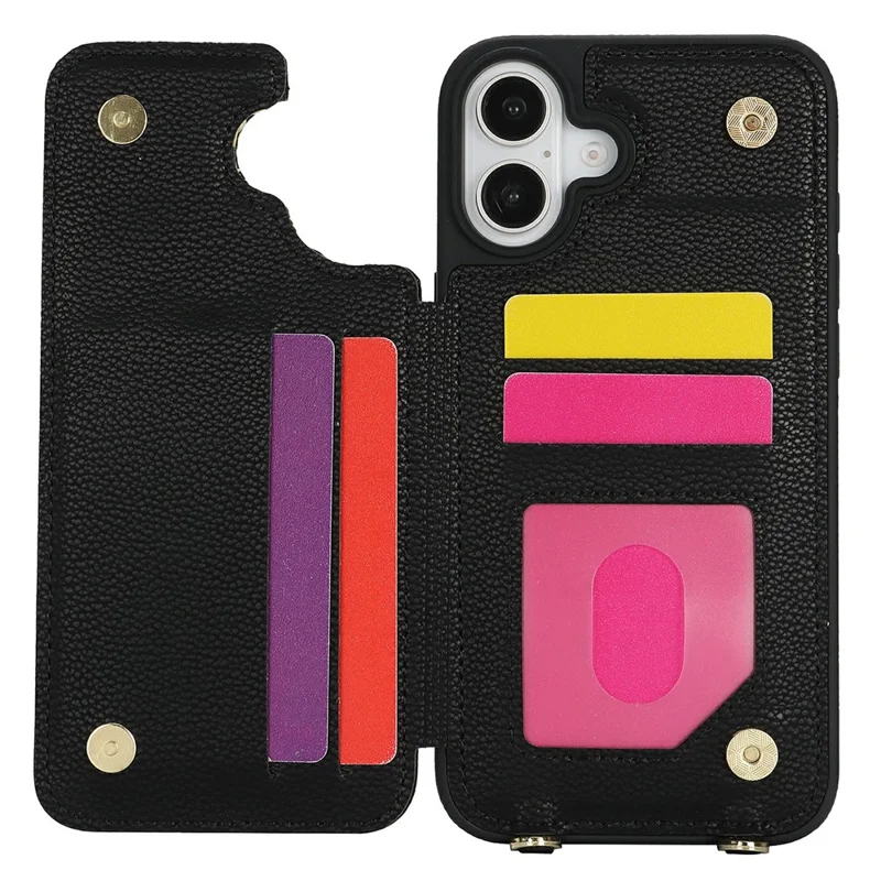 For iPhone 16 Plus Case with Card Holder, Kickstand, RFID Blocking PU+TPU Phone Back Cover - Black