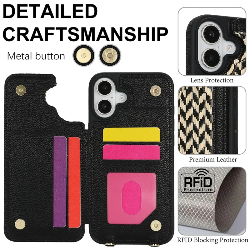 For iPhone 16 Plus Case with Card Holder, Kickstand, RFID Blocking PU+TPU Phone Back Cover - Black