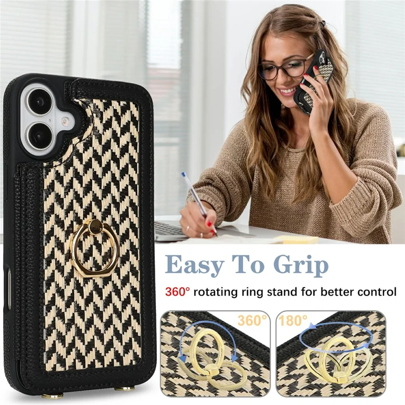 For iPhone 16 Plus Case with Card Holder, Kickstand, RFID Blocking PU+TPU Phone Back Cover - Black