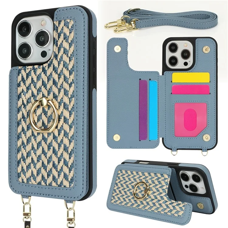 For iPhone 15 Pro Max Case with Card Holder, Kickstand, RFID Blocking PU+TPU Phone Back Cover - Blue