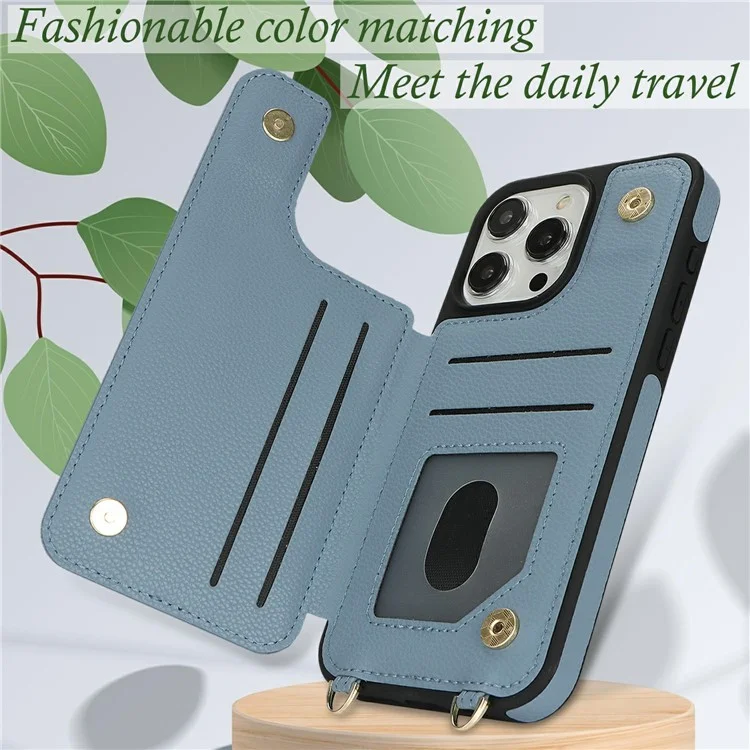 For iPhone 15 Pro Max Case with Card Holder, Kickstand, RFID Blocking PU+TPU Phone Back Cover - Blue
