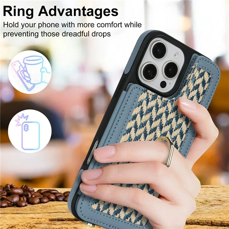 For iPhone 15 Pro Max Case with Card Holder, Kickstand, RFID Blocking PU+TPU Phone Back Cover - Blue