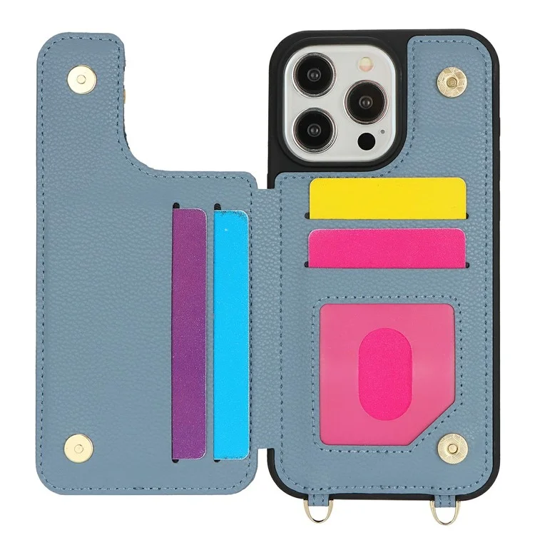 For iPhone 15 Pro Max Case with Card Holder, Kickstand, RFID Blocking PU+TPU Phone Back Cover - Blue