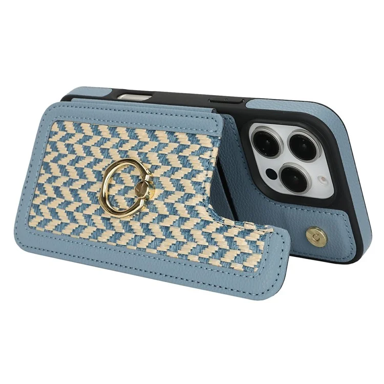 For iPhone 15 Pro Max Case with Card Holder, Kickstand, RFID Blocking PU+TPU Phone Back Cover - Blue