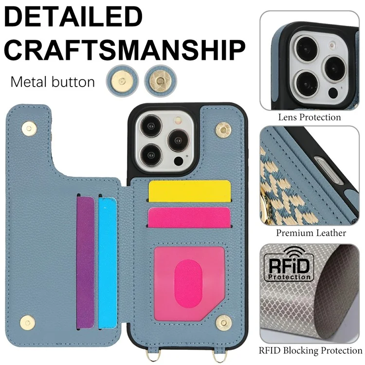 For iPhone 15 Pro Max Case with Card Holder, Kickstand, RFID Blocking PU+TPU Phone Back Cover - Blue