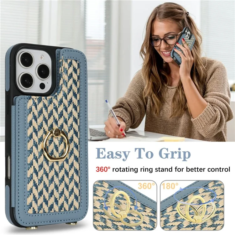 For iPhone 15 Pro Max Case with Card Holder, Kickstand, RFID Blocking PU+TPU Phone Back Cover - Blue