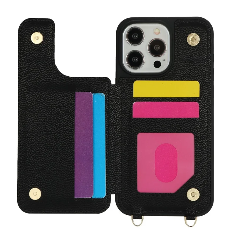 For iPhone 15 Pro Max Case with Card Holder, Kickstand, RFID Blocking PU+TPU Phone Back Cover - Black