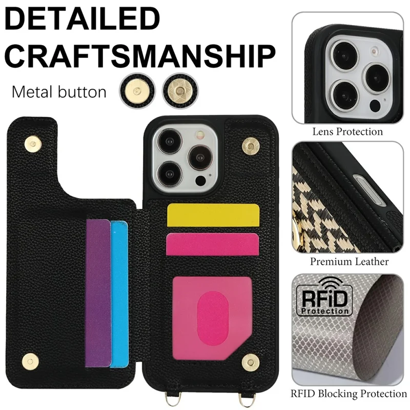 For iPhone 15 Pro Max Case with Card Holder, Kickstand, RFID Blocking PU+TPU Phone Back Cover - Black