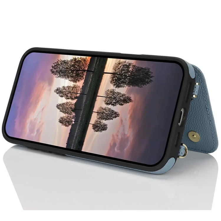 For iPhone 15 Pro Case with Card Holder, Kickstand, RFID Blocking PU+TPU Phone Back Cover - Blue