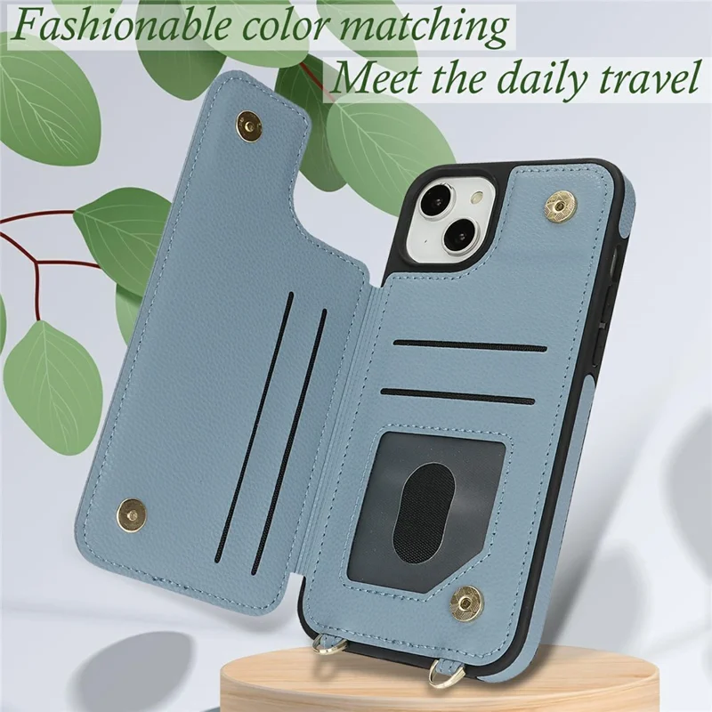 For iPhone 15 Case with Card Holder, Kickstand, RFID Blocking PU+TPU Phone Back Cover - Blue
