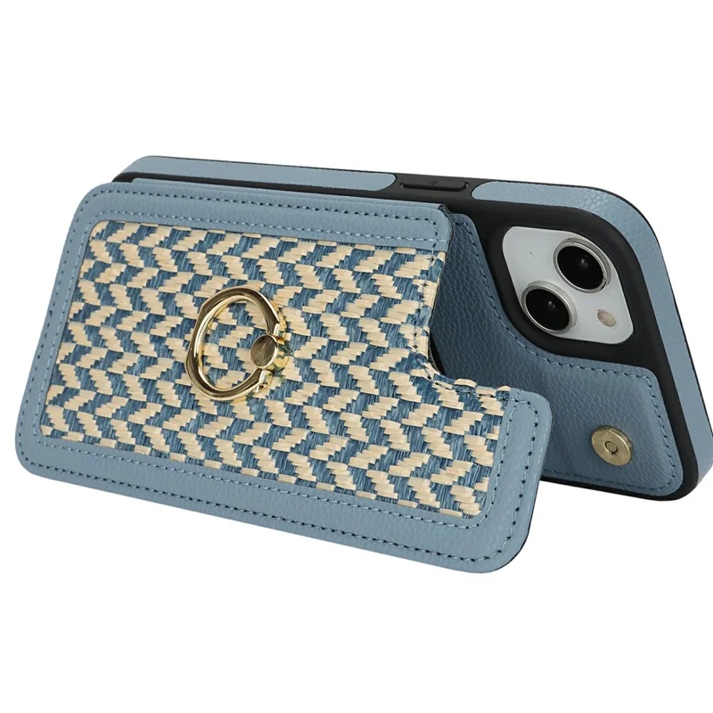 For iPhone 15 Case with Card Holder, Kickstand, RFID Blocking PU+TPU Phone Back Cover - Blue