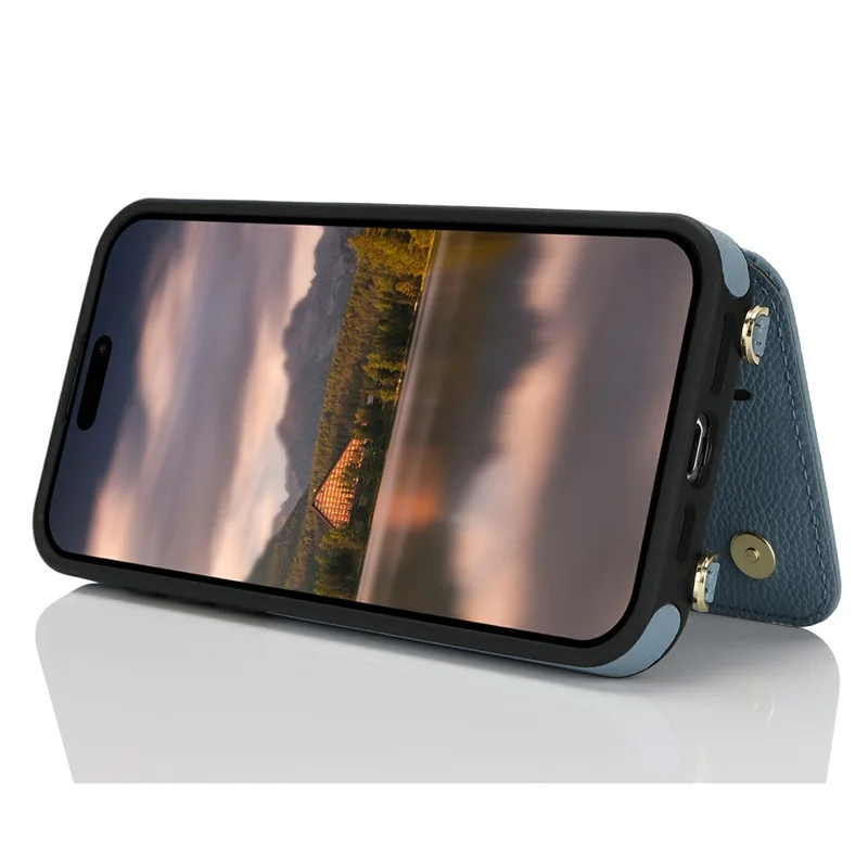 For iPhone 15 Case with Card Holder, Kickstand, RFID Blocking PU+TPU Phone Back Cover - Blue