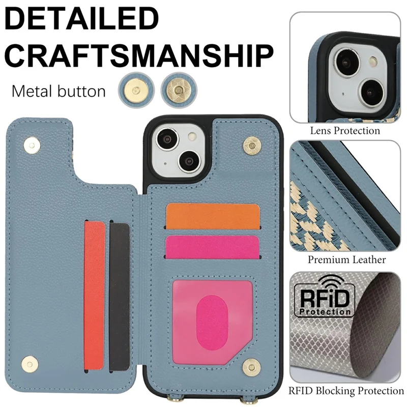 For iPhone 15 Case with Card Holder, Kickstand, RFID Blocking PU+TPU Phone Back Cover - Blue