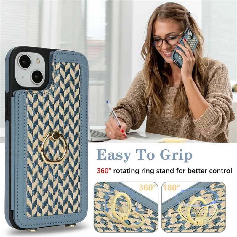For iPhone 15 Case with Card Holder, Kickstand, RFID Blocking PU+TPU Phone Back Cover - Blue