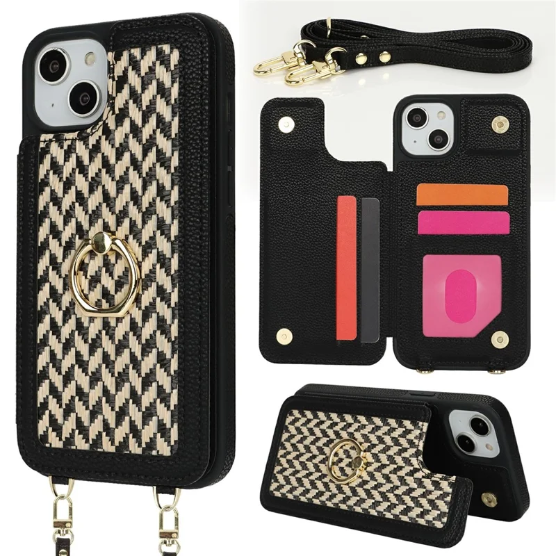 For iPhone 15 Case with Card Holder, Kickstand, RFID Blocking PU+TPU Phone Back Cover - Black