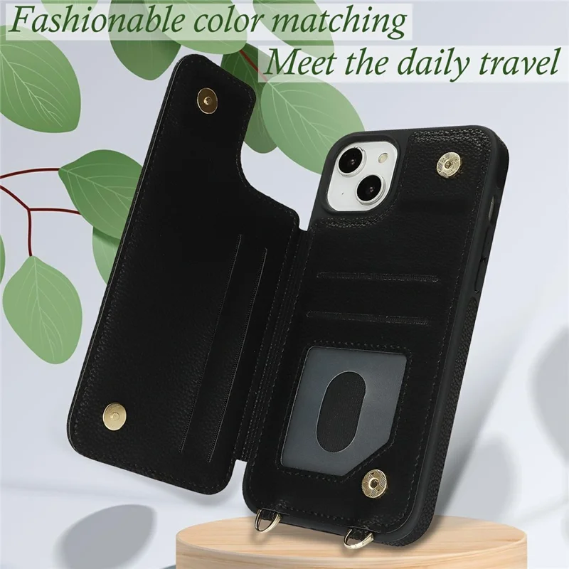 For iPhone 15 Case with Card Holder, Kickstand, RFID Blocking PU+TPU Phone Back Cover - Black
