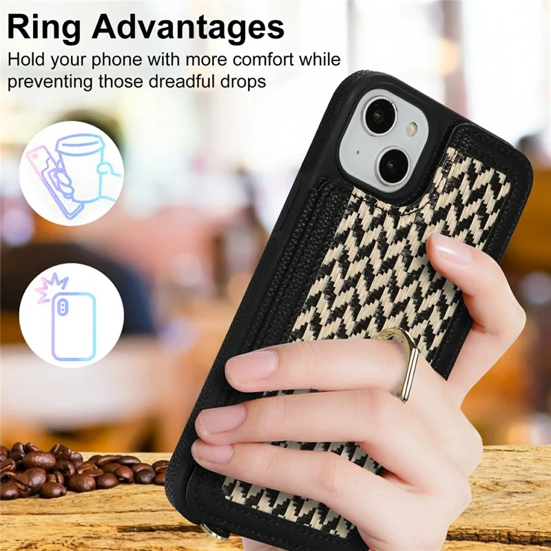 For iPhone 15 Case with Card Holder, Kickstand, RFID Blocking PU+TPU Phone Back Cover - Black