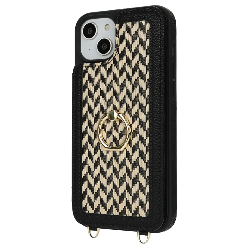 For iPhone 15 Case with Card Holder, Kickstand, RFID Blocking PU+TPU Phone Back Cover - Black