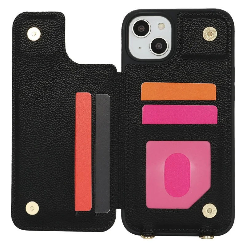 For iPhone 15 Case with Card Holder, Kickstand, RFID Blocking PU+TPU Phone Back Cover - Black