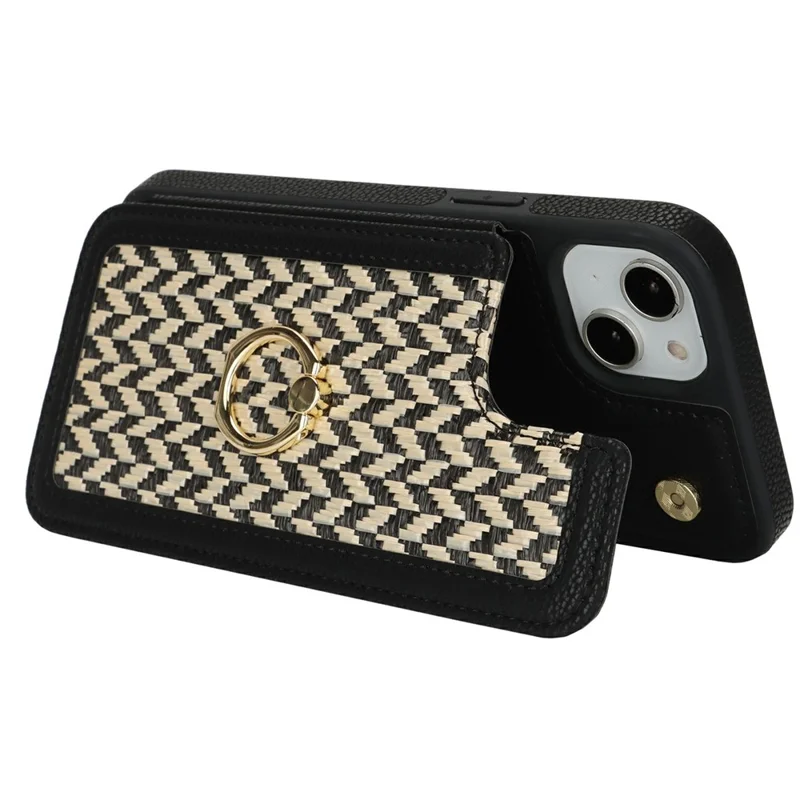 For iPhone 15 Case with Card Holder, Kickstand, RFID Blocking PU+TPU Phone Back Cover - Black