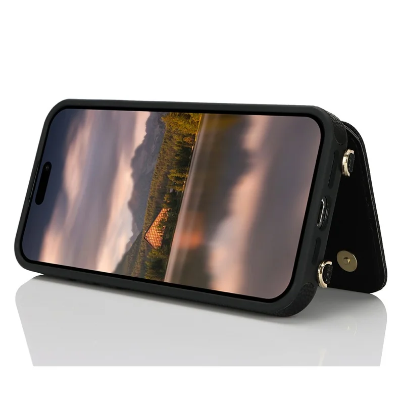 For iPhone 15 Case with Card Holder, Kickstand, RFID Blocking PU+TPU Phone Back Cover - Black