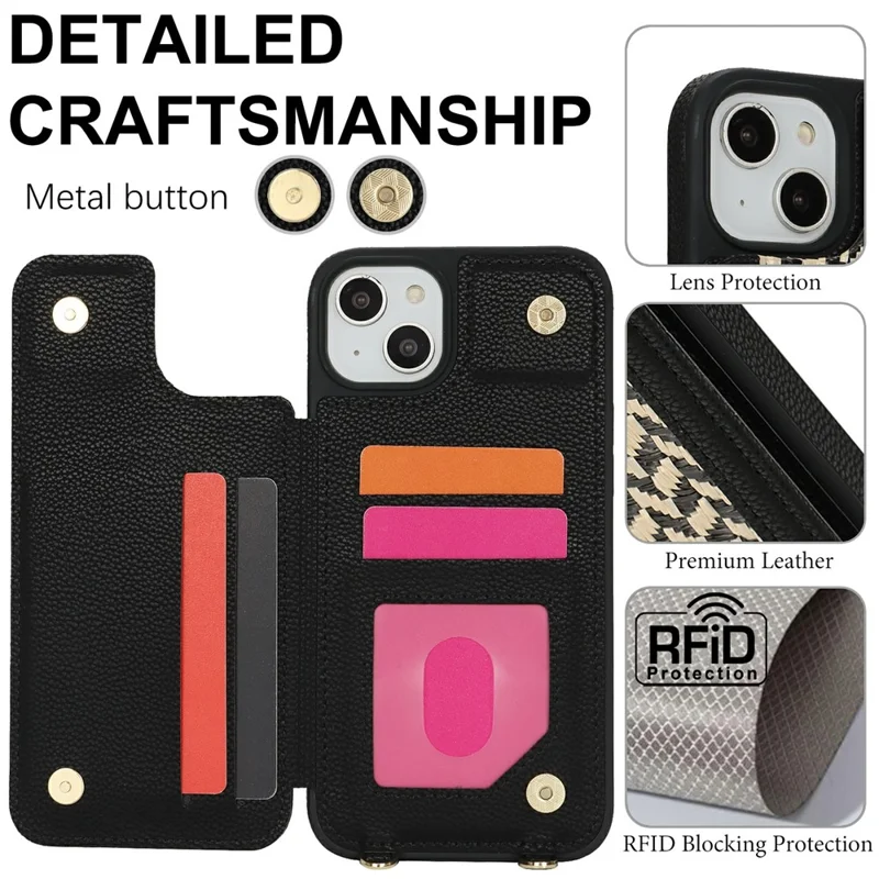 For iPhone 15 Case with Card Holder, Kickstand, RFID Blocking PU+TPU Phone Back Cover - Black