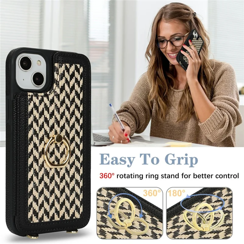 For iPhone 15 Case with Card Holder, Kickstand, RFID Blocking PU+TPU Phone Back Cover - Black