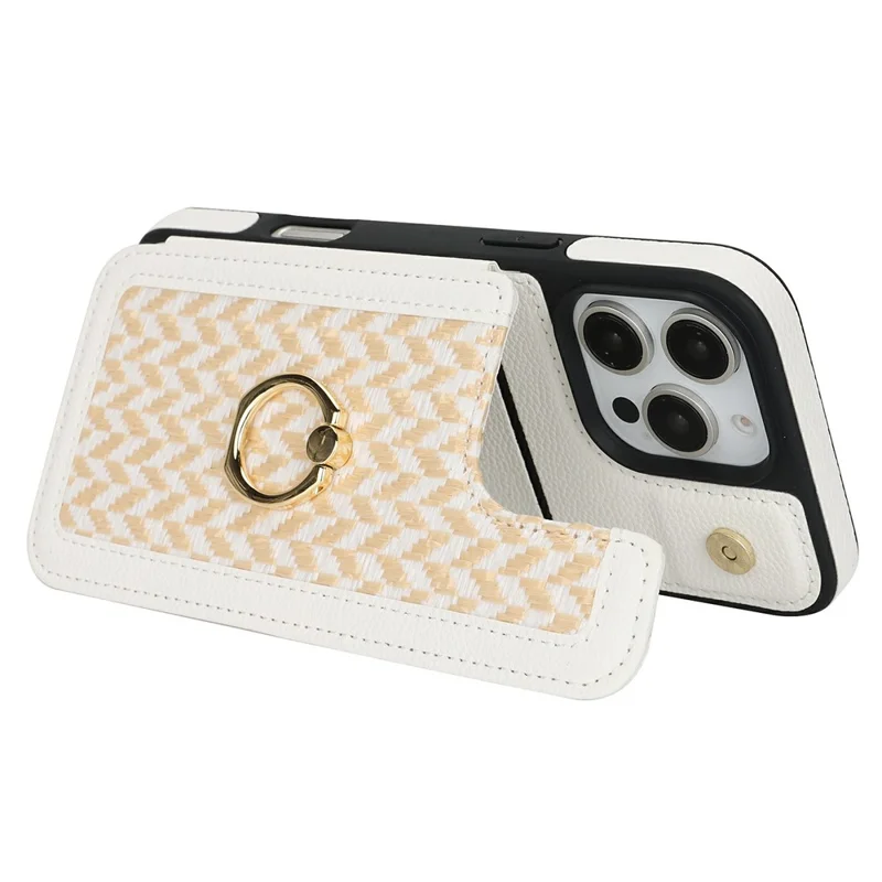 Etui do iPhone 14 Pro Max z uchwytem na kartę, podstawką, blokadą RFID, tyłem z tworzywa PU+TPU – Biały