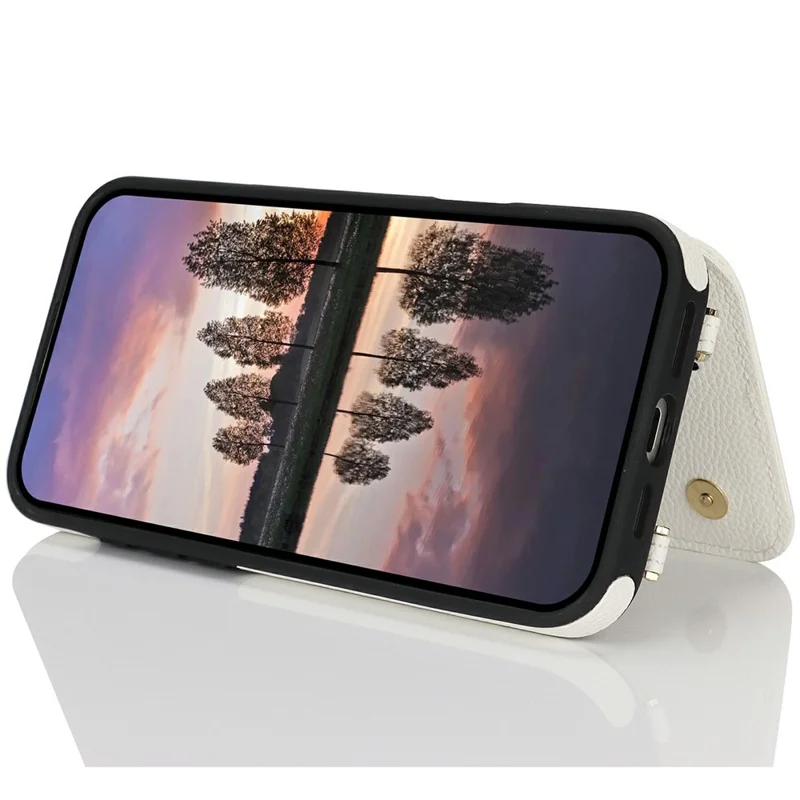 Etui do iPhone 14 Pro Max z uchwytem na kartę, podstawką, blokadą RFID, tyłem z tworzywa PU+TPU – Biały