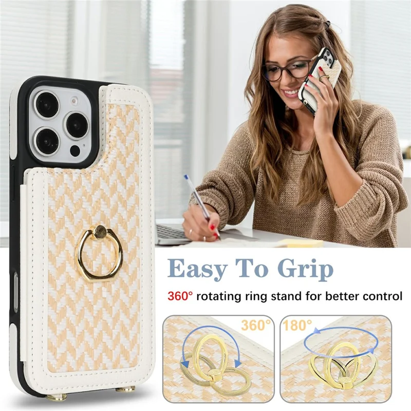 Etui do iPhone 14 Pro Max z uchwytem na kartę, podstawką, blokadą RFID, tyłem z tworzywa PU+TPU – Biały