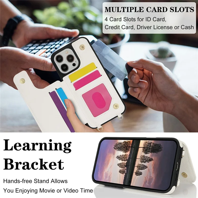 Etui do iPhone 14 Pro Max z uchwytem na kartę, podstawką, blokadą RFID, tyłem z tworzywa PU+TPU – Biały