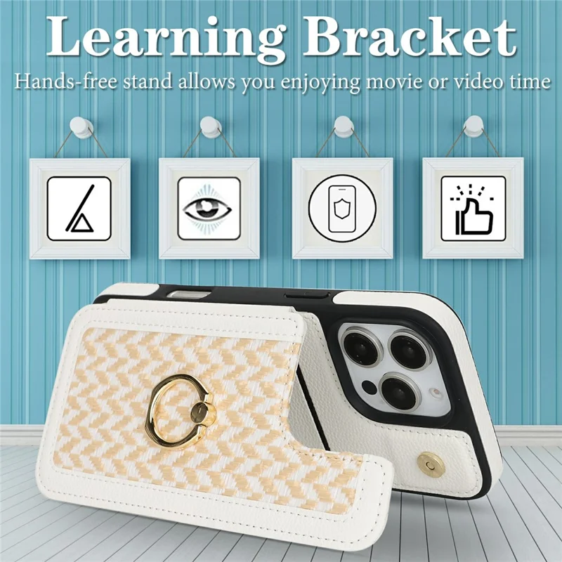 Etui do iPhone 14 Pro Max z uchwytem na kartę, podstawką, blokadą RFID, tyłem z tworzywa PU+TPU – Biały