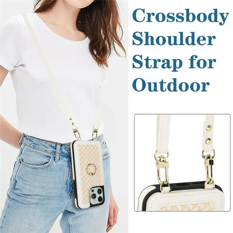 Etui do iPhone 14 Pro Max z uchwytem na kartę, podstawką, blokadą RFID, tyłem z tworzywa PU+TPU – Biały