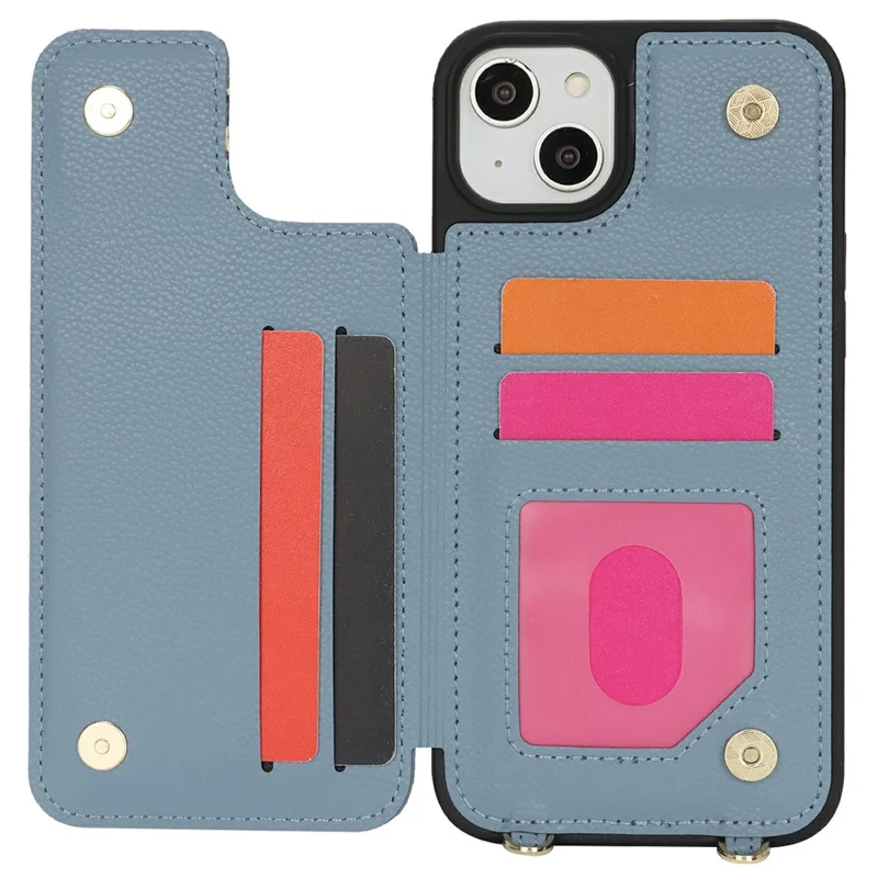 For iPhone 14  /  13 Case with Card Holder, Kickstand, RFID Blocking PU+TPU Phone Back Cover - Blue