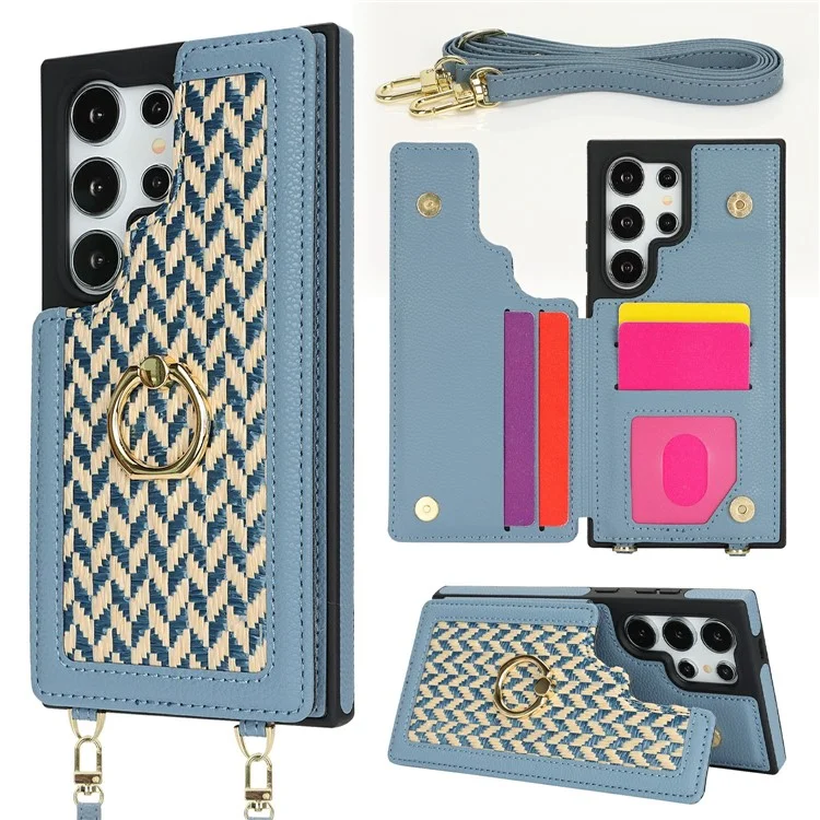For Samsung Galaxy S24 Ultra Case with Card Holder, Kickstand, RFID Blocking PU+TPU Phone Back Cover - Blue