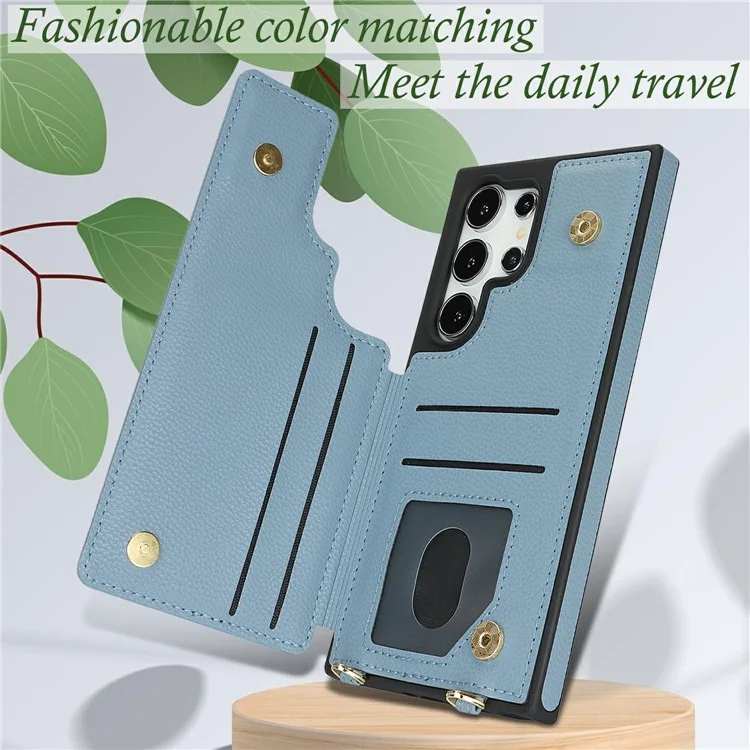 For Samsung Galaxy S24 Ultra Case with Card Holder, Kickstand, RFID Blocking PU+TPU Phone Back Cover - Blue