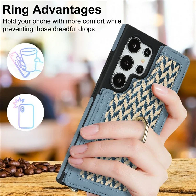 For Samsung Galaxy S24 Ultra Case with Card Holder, Kickstand, RFID Blocking PU+TPU Phone Back Cover - Blue