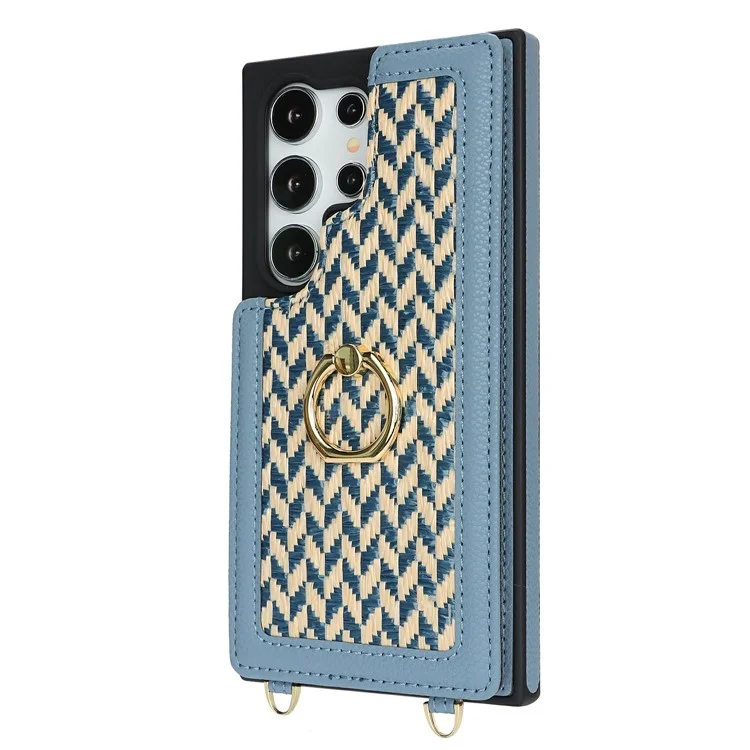 For Samsung Galaxy S24 Ultra Case with Card Holder, Kickstand, RFID Blocking PU+TPU Phone Back Cover - Blue