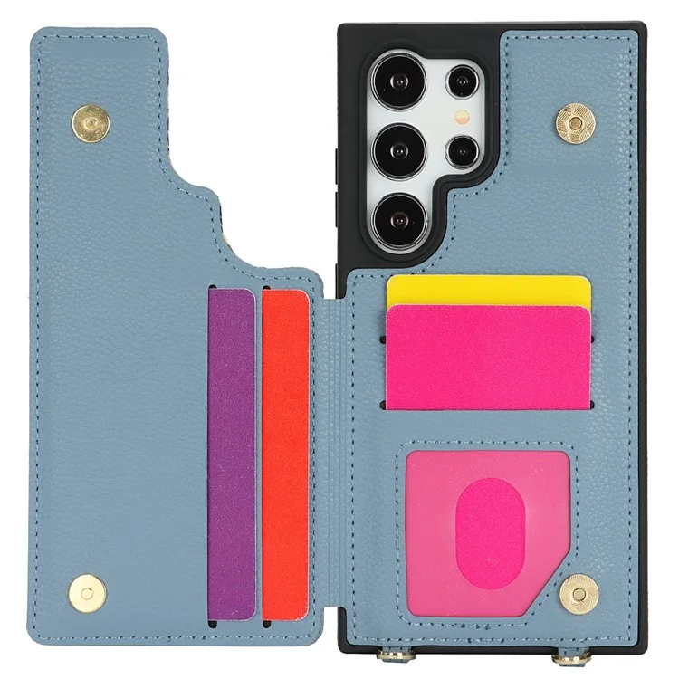 For Samsung Galaxy S24 Ultra Case with Card Holder, Kickstand, RFID Blocking PU+TPU Phone Back Cover - Blue