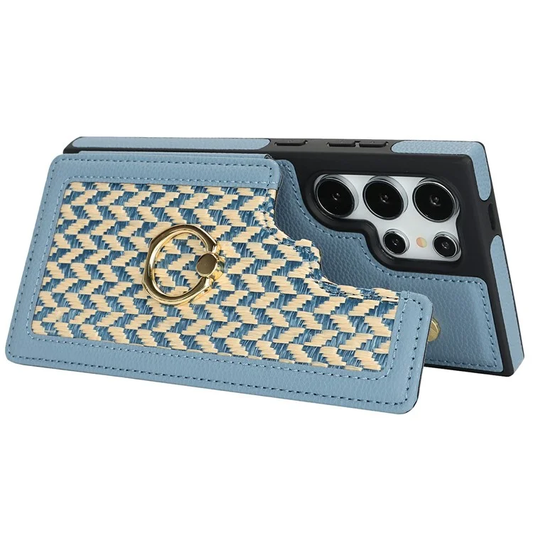 For Samsung Galaxy S24 Ultra Case with Card Holder, Kickstand, RFID Blocking PU+TPU Phone Back Cover - Blue