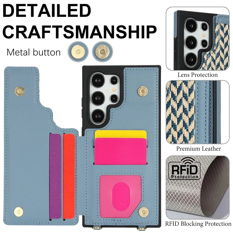 For Samsung Galaxy S24 Ultra Case with Card Holder, Kickstand, RFID Blocking PU+TPU Phone Back Cover - Blue