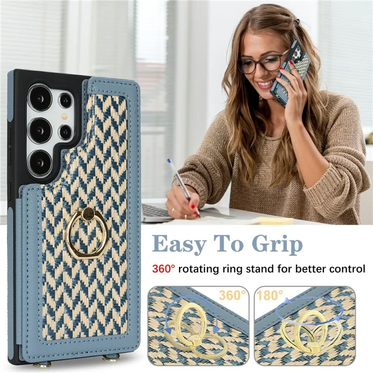 For Samsung Galaxy S24 Ultra Case with Card Holder, Kickstand, RFID Blocking PU+TPU Phone Back Cover - Blue