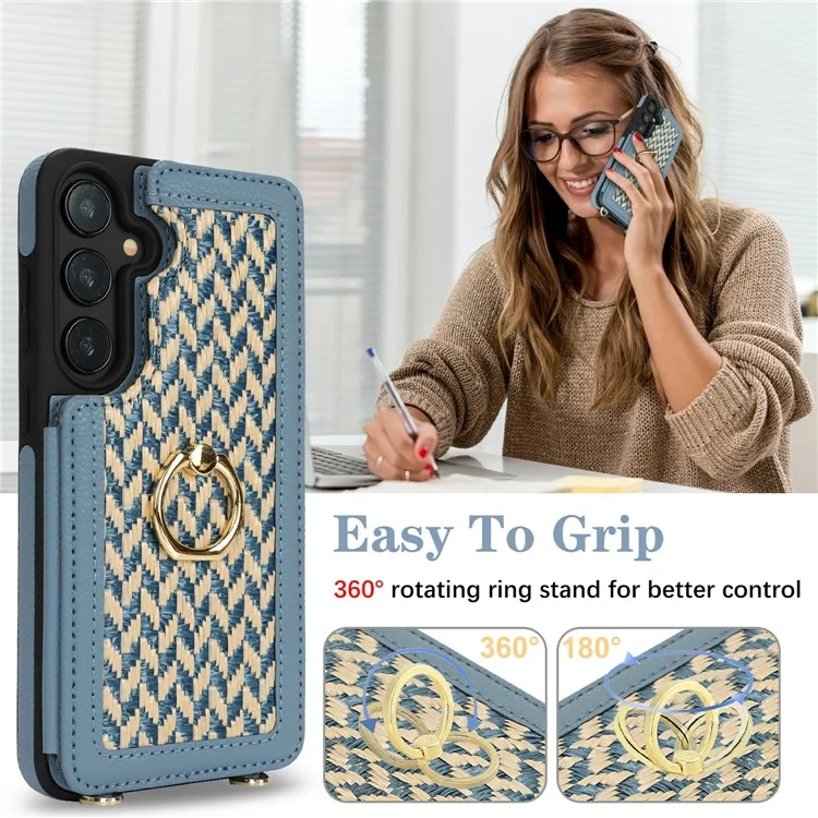 For Samsung Galaxy S24+ Case with Card Holder, Kickstand, RFID Blocking PU+TPU Phone Back Cover - Blue