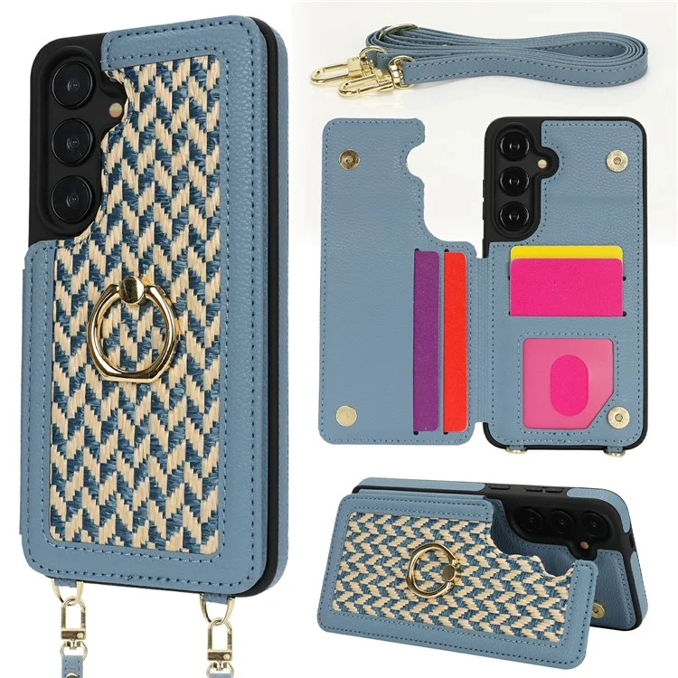 For Samsung Galaxy S24 Case with Card Holder, Kickstand, RFID Blocking PU+TPU Phone Back Cover - Blue